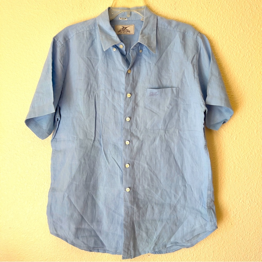 Madda Fella key west 100% linen short sleeve button down shirt men’s Sz M blue